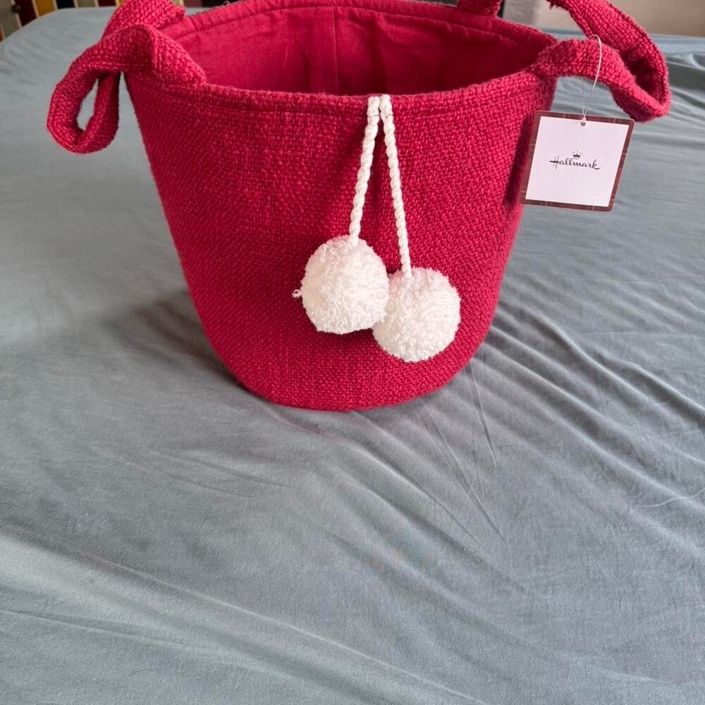 Brand New w/ Tag Red Hallmark 100% cotton bag/basket w/ white pompoms